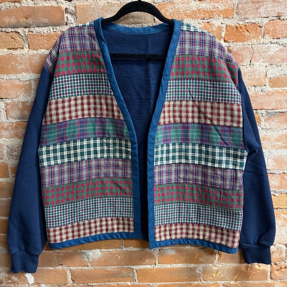 Handmade Sweaters - Vintage Handmade Patchwork Quilt Jacket Sweater Cardigan Plaid Grandpacore L/XL